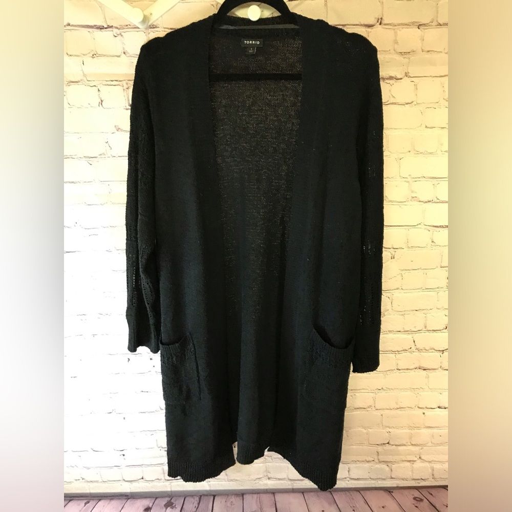 Torrid Boho Duster Open Front Stitch Detail Lightweight Black Sweater Siz